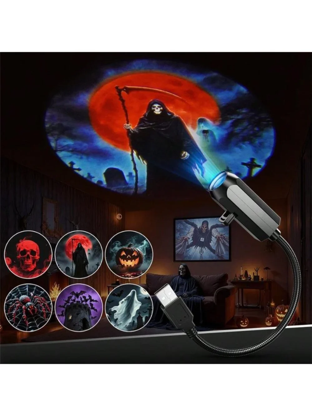Halloween Projector, 6 Patterns USB Halloween Projector Lights, Background